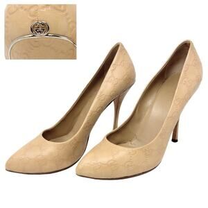 Gucci Heels GG Logo Nude Guccissima Leather Pumps White Gold Tone Shoes EU 39